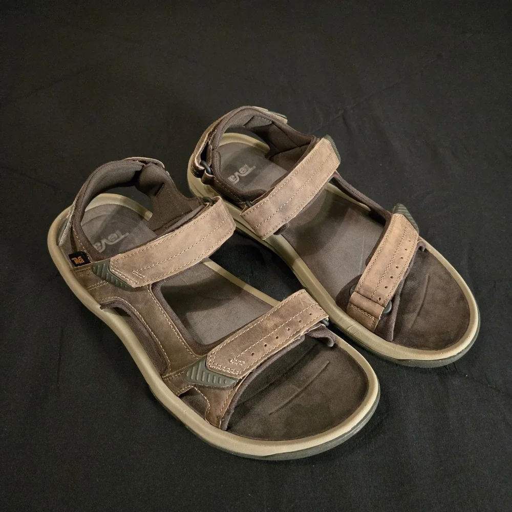 Teva Sandals Mens Size 11 Brown Leather Hook & Loop Strap Casual Comfort Walking